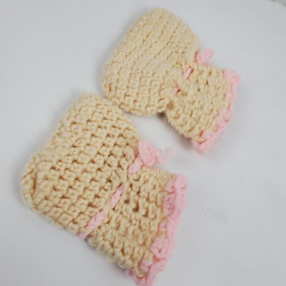 Vintage Crochet Handmade Baby Booties Ivory Pink 4x4 Inch - Picture 2 of 4